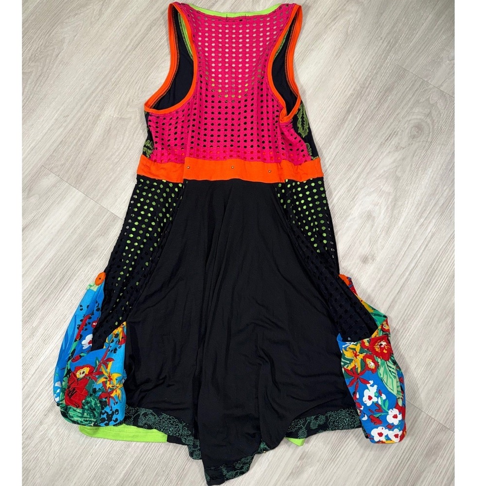 Seven Waves Mixed Media Mini Dress Neon Floral Polka Dot Mesh Artsy Boho Size 2 - Picture 4 of 9